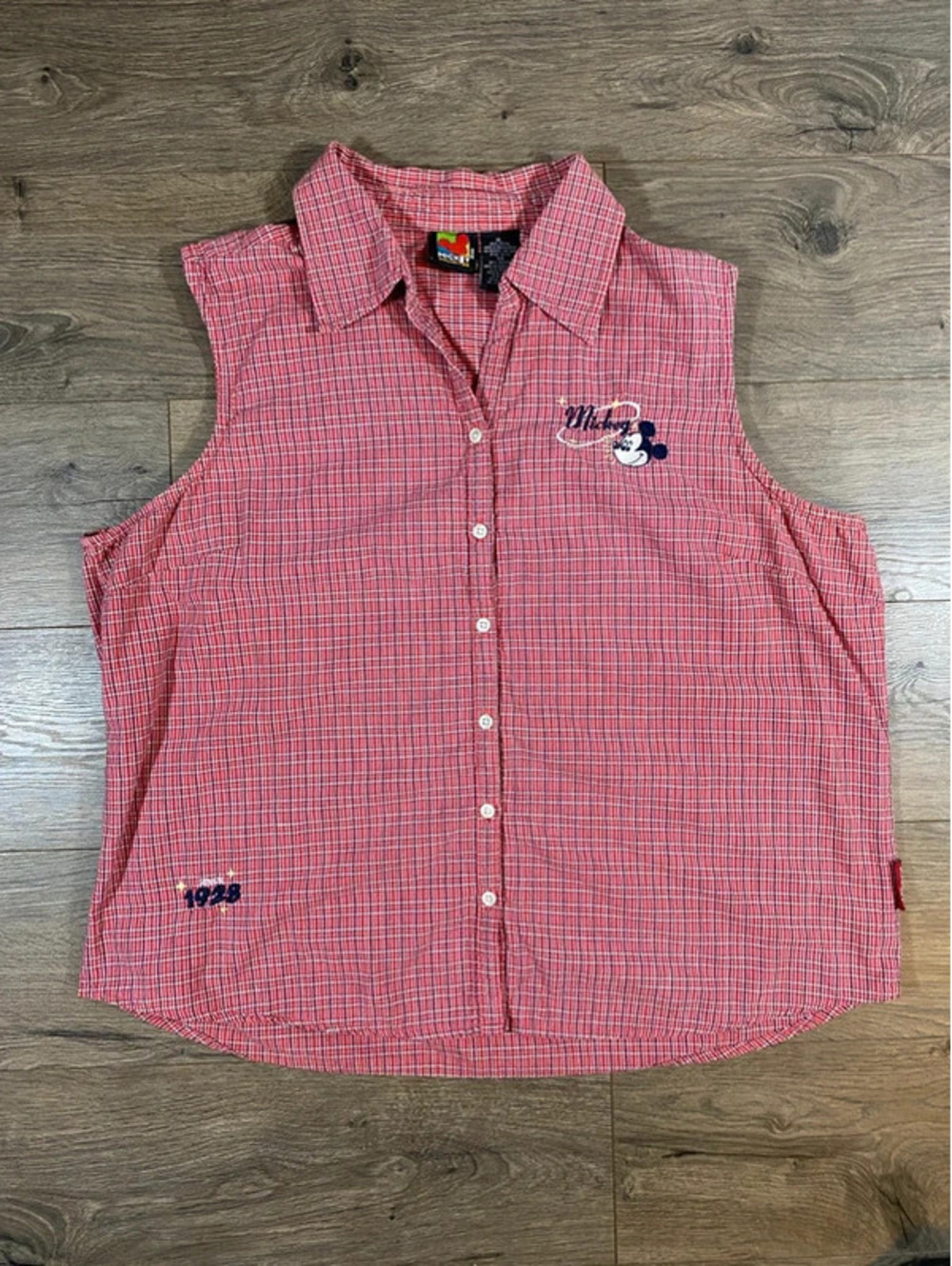 Vintage Disney Mickey Unlimited Womens XL Red Plaid Sleeveless Button Shirt
